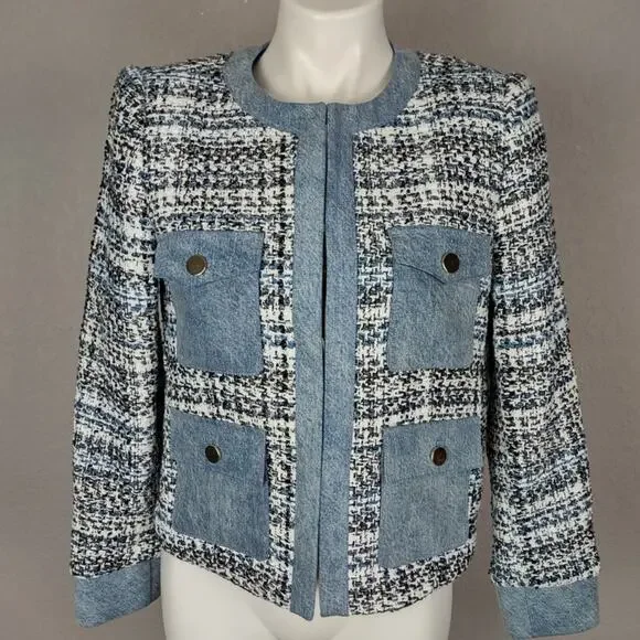 Alice + Olivia Avis Blue Tweed Denim Jean Combo Patch jacket Size Medium - Picture 3 of 16